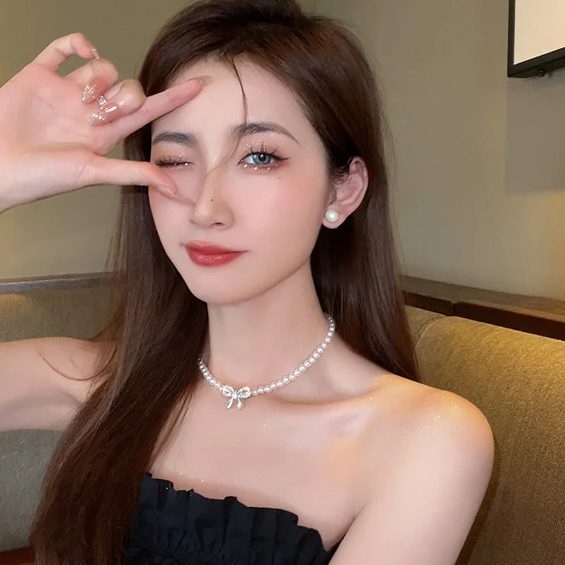 luckacco y2k bowknot pearl necklace for women elegant korean style rhinestone heart pendant necklace fashion wedding party jewelry gift