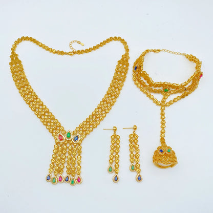 Luckacco JRH Gold Plated 4-Piece Jewelry Set for Women Africa Elegant Necklace Earrings Bracelet Ring Luxury Gift Set for Her
