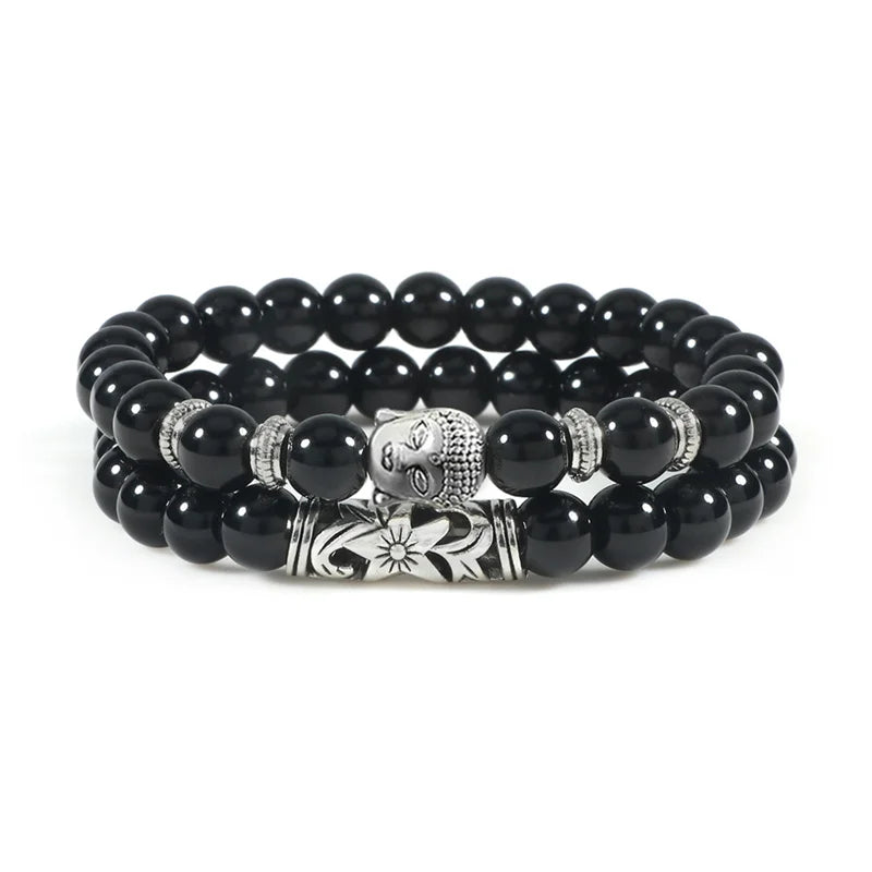 luckacco 2pcs/set buddha head bracelet for women men natural tiger eye lava stone yoga beads distance bracelets charm couple jewelry gift