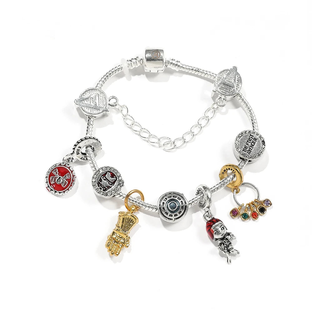 luckacco marvel superhero iron man pendant bracelet, avengers infinity stones, thor's hammer, aesthetic crystal beads, brand jewelry