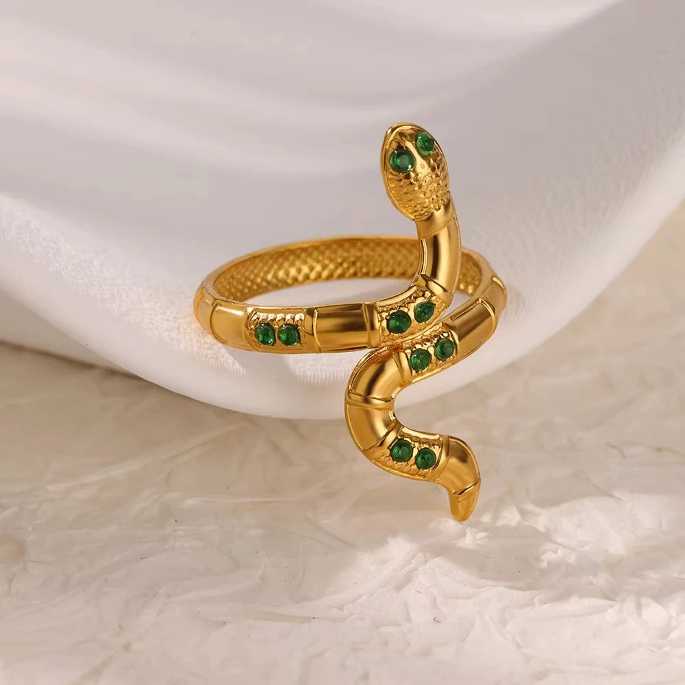 luckacco gold plated stainless steel green zircon snake rings for women men open adjustable finger ring vintage gothic aesthetic jewelry