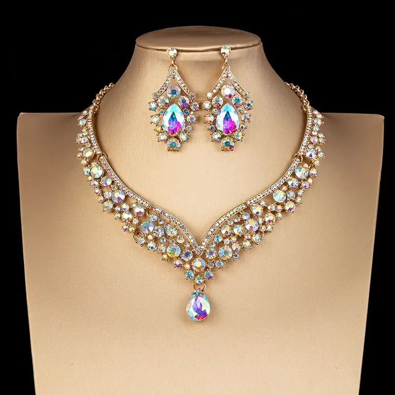 luckacco luxury crystal ab color choker necklace earrings set rhinestone bridal jewelry sets for bride wedding party costume bijoux femme