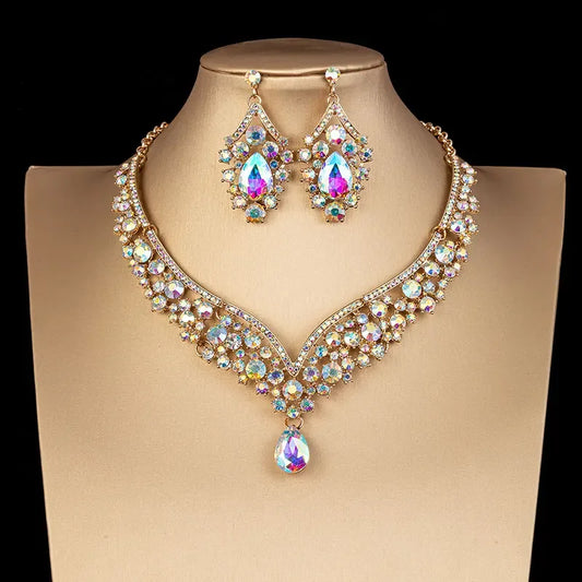 Luckacco Luxury Crystal AB Color Choker Necklace Earrings Set Rhinestone Bridal Jewelry Sets for Bride Wedding Party Costume Bijoux Femme