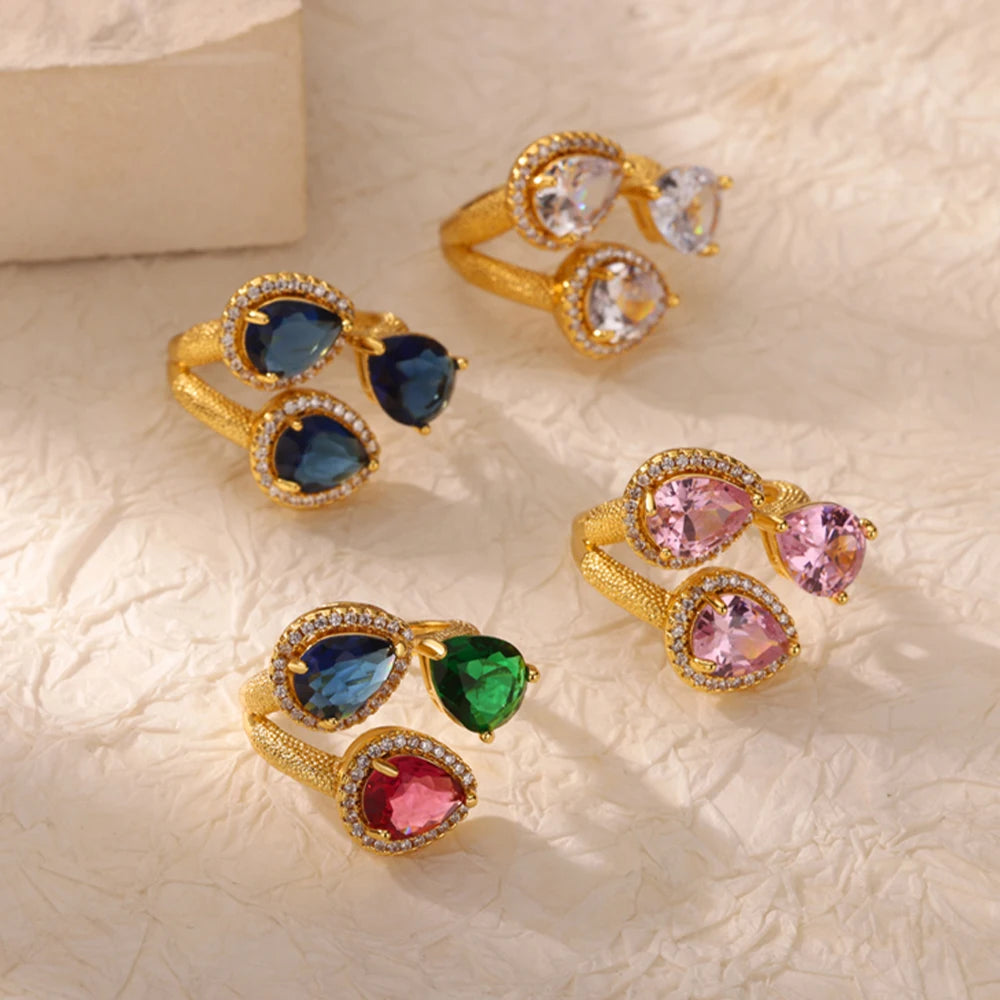 luckacco luxury gemstone flower stainless steel rings zircon adjustable ring women wedding anti fading jewelry vacation accessories gift