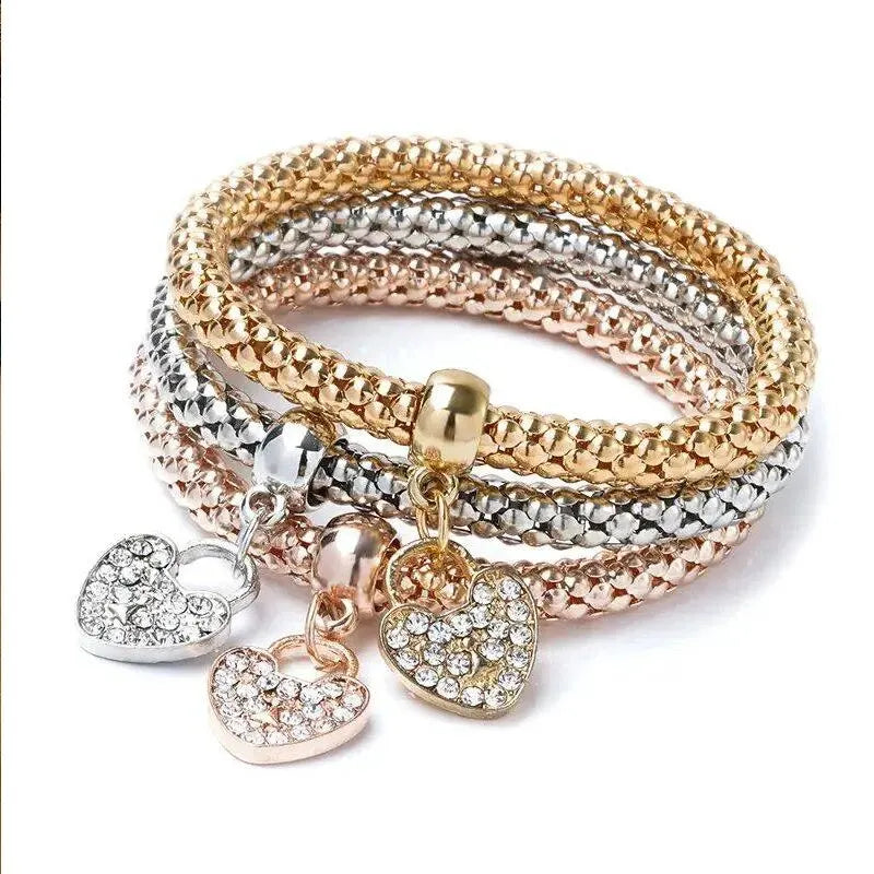 luckacco 3 pcs set heart lock key music sign charm bracelet owl rose gold plating silver color chain owm charm bangle jewelry set