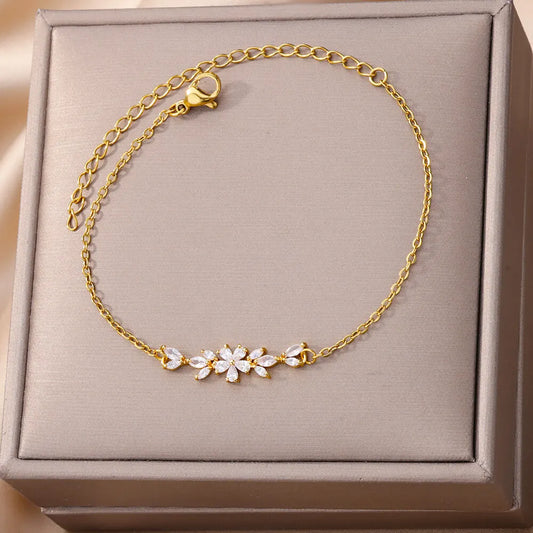 Luckacco Elegant Zircon Flowers Bracelet For Women Girls Charm Gold Color Stainless Steel Plant Bracelets Luxury Designer Jewelry Gifts