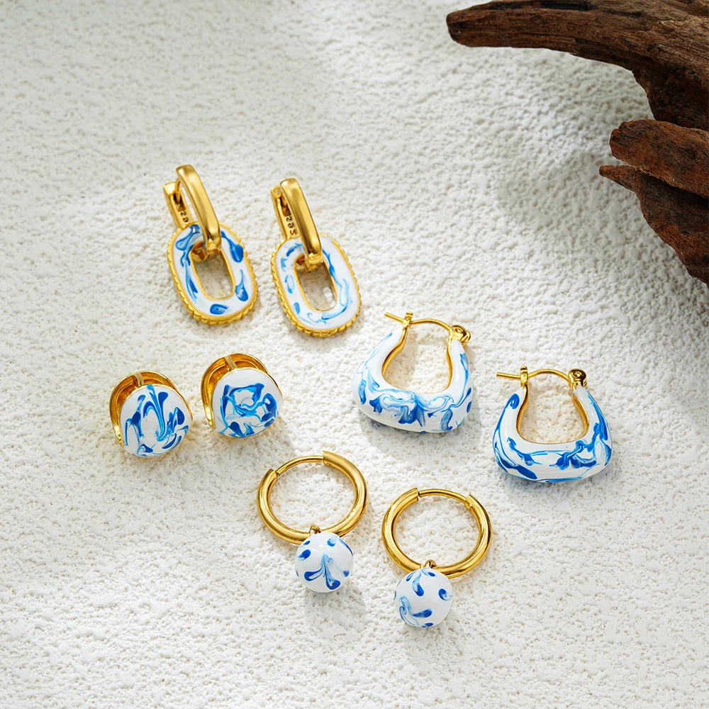 luckacco vintage white&blue flower enamel beads hoop earrings for women gold plated stainless steel huggies earring creative jewelry gift