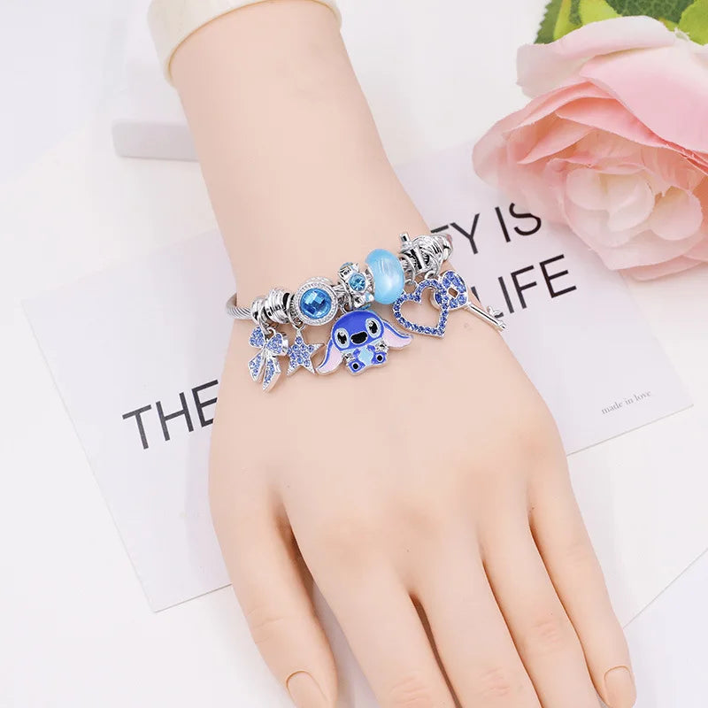 luckacco disney cartoon cute crystal stitch heart bowknot charms bracelets for women girls stainless steel bangle jewelry gifts for fans