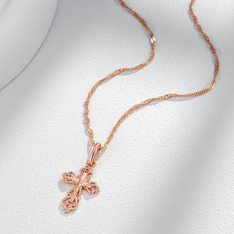 luckacco kinel luxury 585 rose gold color cross pendant necklace for women men orthodox church jesus glossy charm daily fine jewelry