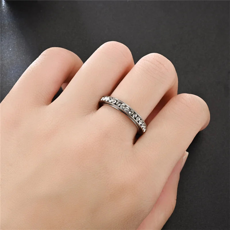 luckacco stainless steel cubic zirconia rotatable chain couple rings anti stress anxiety fidget spinner ring wedding band knuckle jewelry
