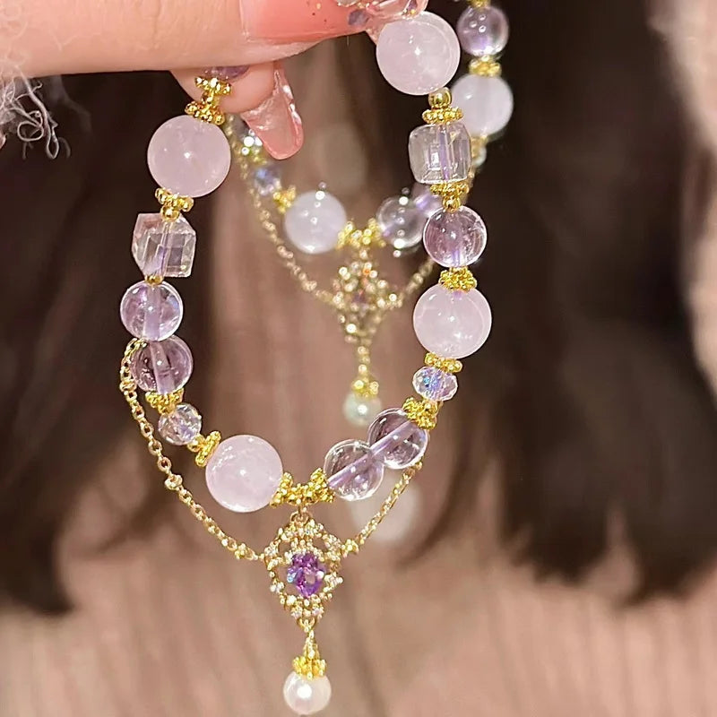 luckacco light luxury purple glass crystal beaded bracelets for women chic butterfly tassel pendant bracelets sweet girl wrist jewelry