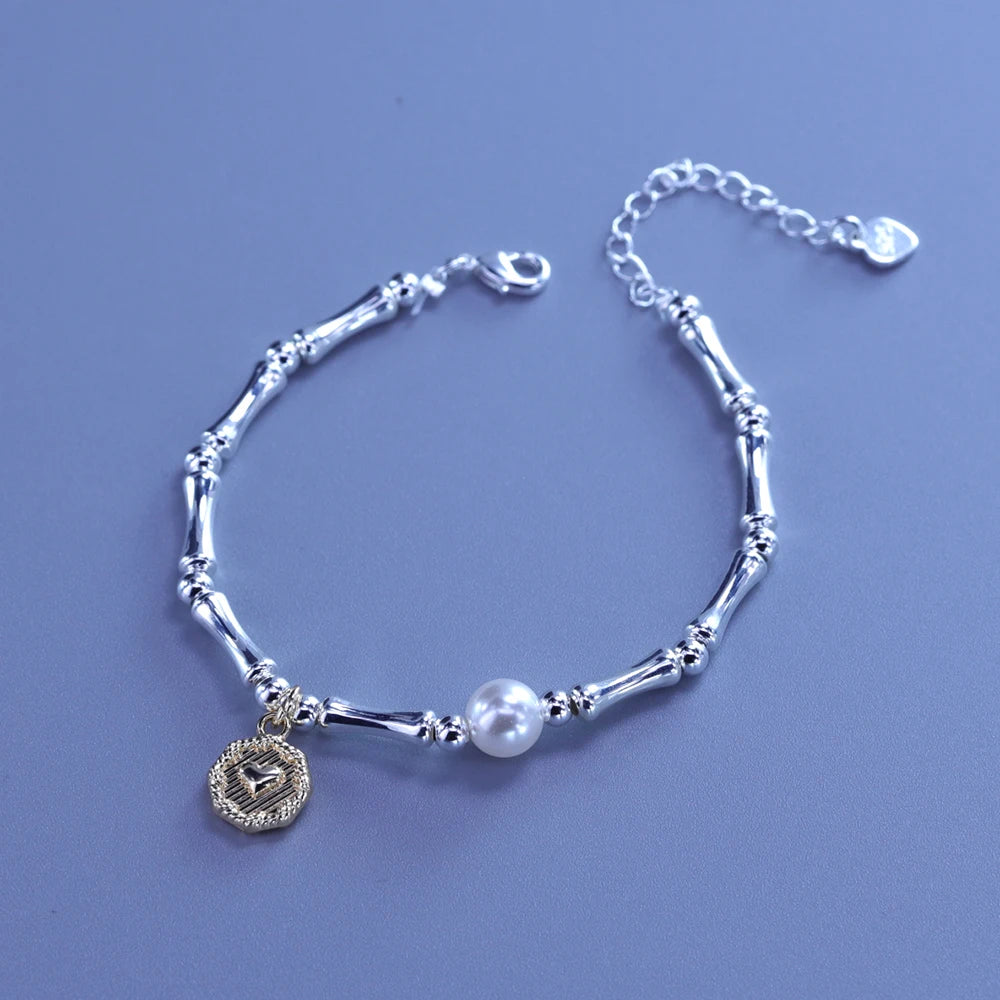 luckacco ventfille 925 sterling silver 6mm shell pearl glass bead star bracelet for women gift crushed silver jewelry
