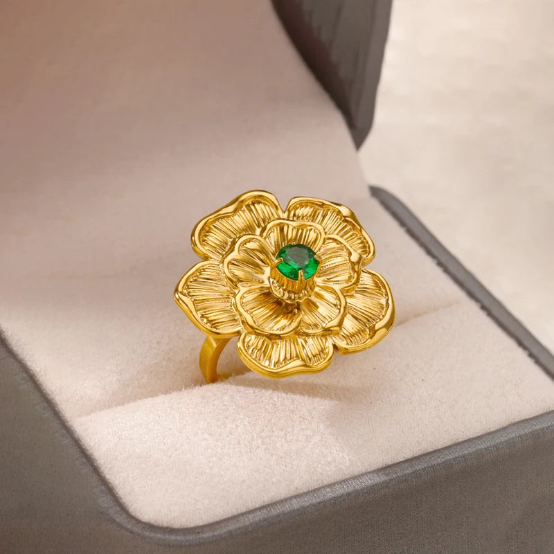 luckacco luxury gemstone flower stainless steel rings zircon adjustable ring women wedding anti fading jewelry vacation accessories gift