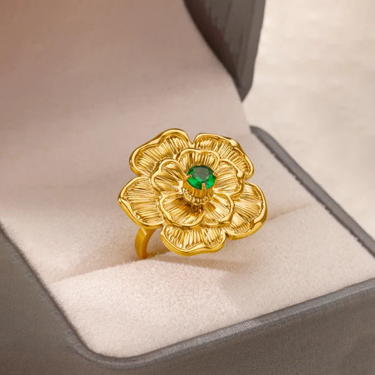 Luckacco Luxury Gemstone Flower Stainless Steel Rings Zircon Adjustable Ring Women Wedding Anti Fading Jewelry Vacation Accessories Gift