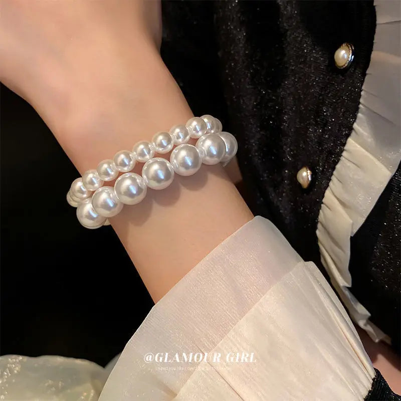 luckacco elegant white faux pearls beaded bracelets for women adjustable elastic rope bracelet french luxury hands jewelry accessories