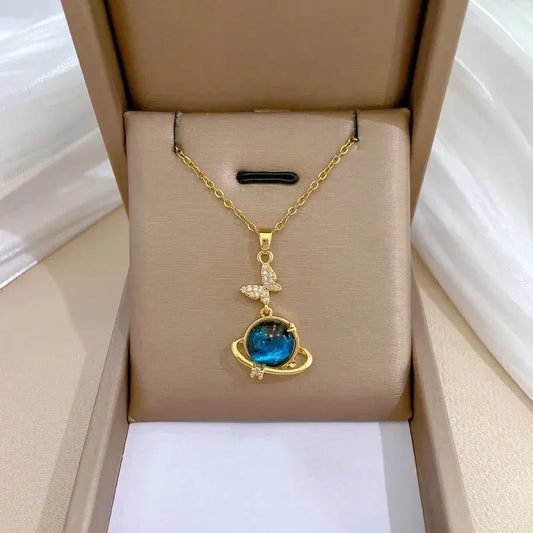 Luckacco Light Luxury Titanium Steel Star Series Necklace for Women Gold Color Planet Moon Astronaut Pendant Necklaces Jewelry Gifts Necklace B