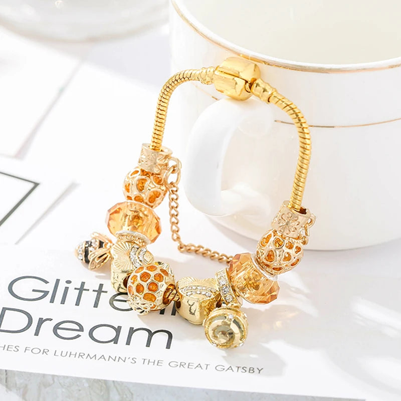 luckacco togory 2024 authentic gold color bees dangles charm bracelet white crystal beads fine bracelet for women kids birthday gifts