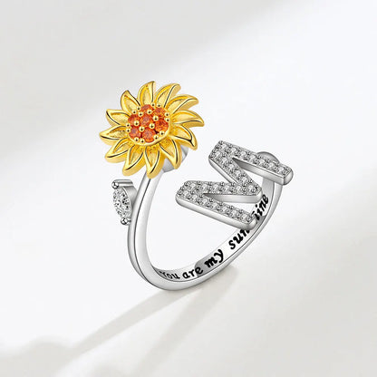 Luckacco Rotating Sunflower Initial Letter Rings For Women Anti Anxiety Spinner You Are My Sunshine Stainless Steel Ring Birthday Jewelry