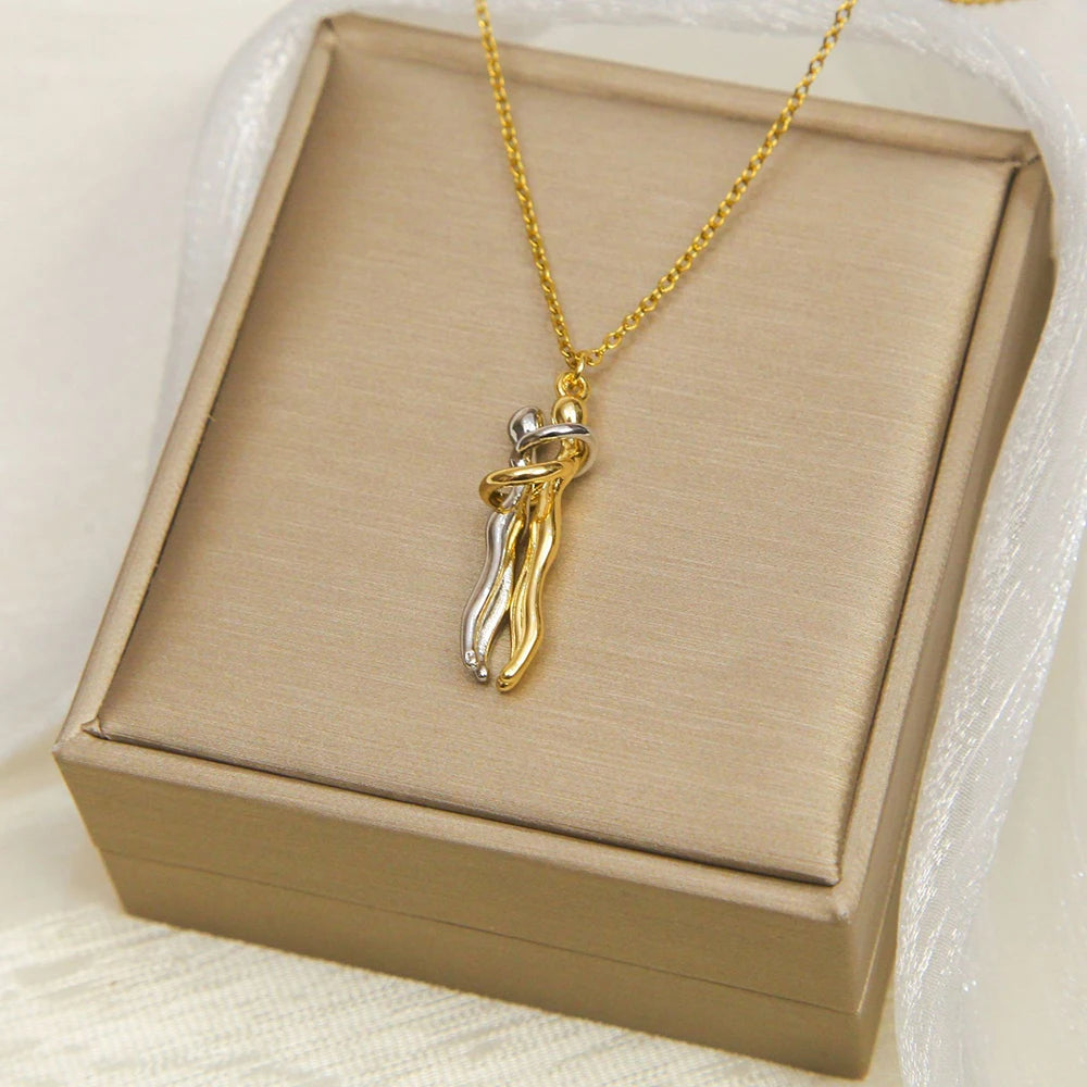 luckacco ftcy stainless steel couple hugging necklace pendant for women men gold silver color couple love chain friend gift party jewelry