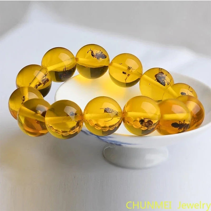 luckacco natural baltic amber elastic bracelet men women honey wax insect amber-beads beaded bangles amulet bracelets girlfriend mom gift