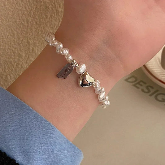 Luckacco New 925 Sterling Silver Bracelet Pearls Knots Bracelet for Women Fashion Heart Pearls Bracelet  Luxury Jewelry Accessories Gift