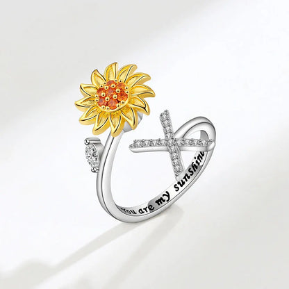 Luckacco Rotating Sunflower Initial Letter Rings For Women Anti Anxiety Spinner You Are My Sunshine Stainless Steel Ring Birthday Jewelry