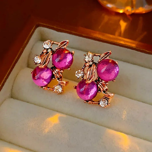 Luckacco 1/3 Pcs Vintage Purple Red Rhinestone Necklace Earrings Bracelet Set Leaf Flower Metal Necklace for Women Exquisite Jewelry Sets