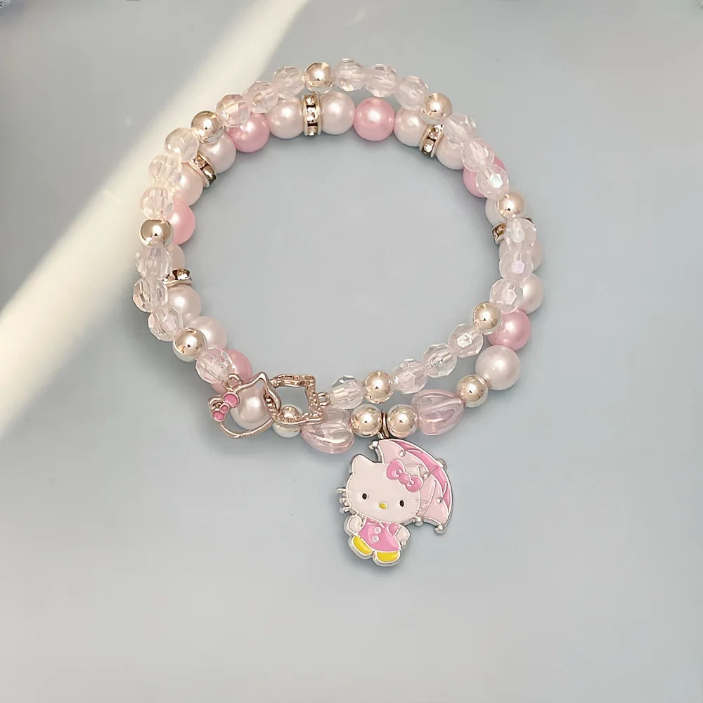 luckacco 2pcs kawaii hello kitty bracelet set sanrio crystal beads jewelry gift for girls cute anime pendant accessory