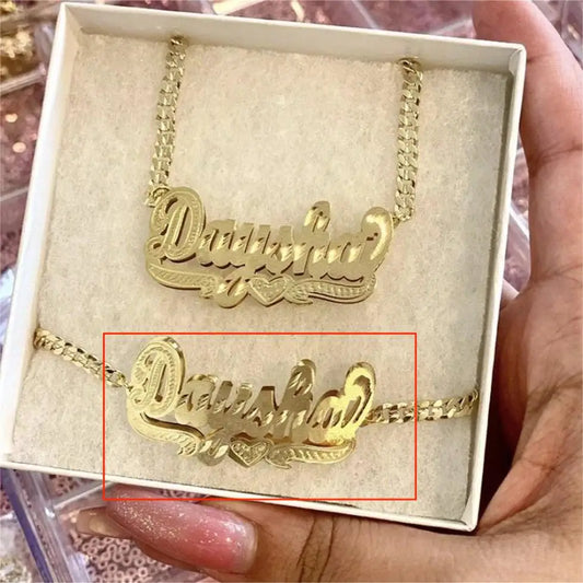 Luckacco 18K Gold Plated Nameplate Necklace Personalized Double Layer 3D Necklaces With Heart Customized Name Stainless Steel Jewelry Bracelet