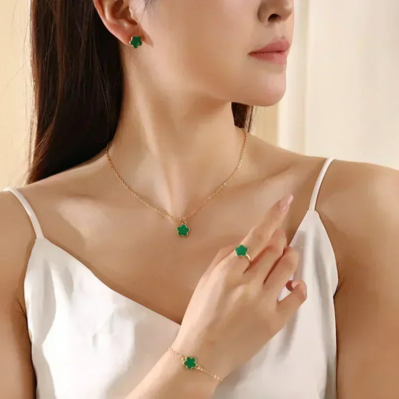 luckacco lucky five-petal flower clover earrings necklace ring bracelet four-piece set for woman fashionable accessories party jewelry
