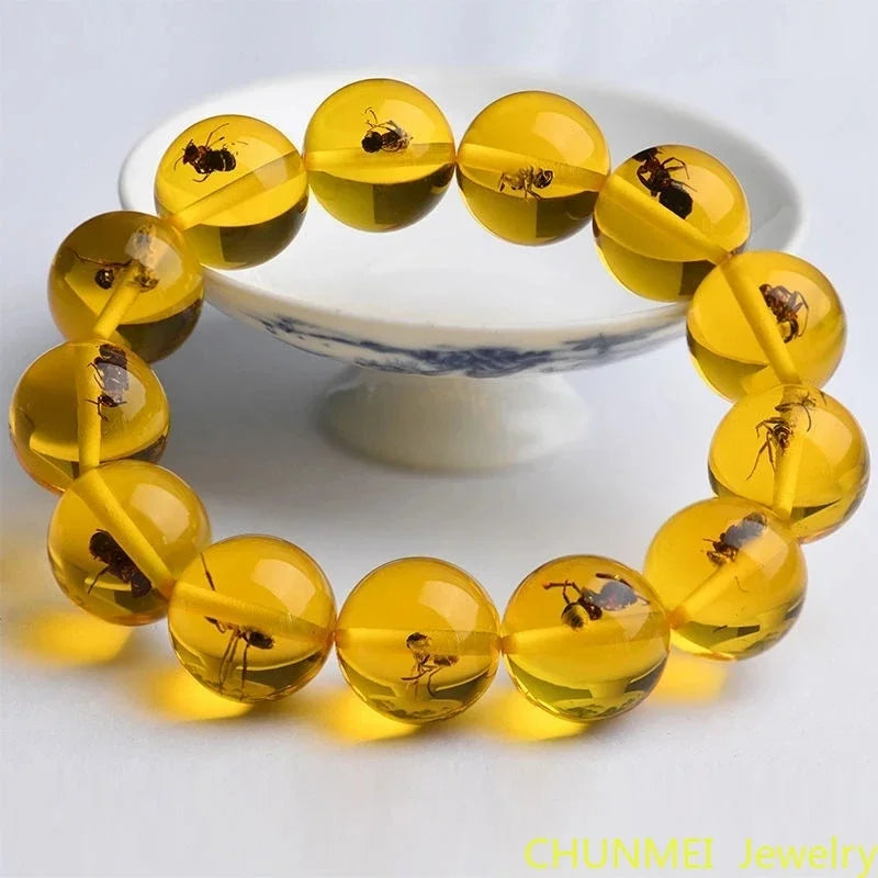 luckacco natural baltic amber elastic bracelet men women honey wax insect amber-beads beaded bangles amulet bracelets girlfriend mom gift