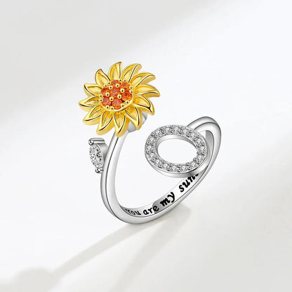 Luckacco Rotating Sunflower Initial Letter Rings For Women Anti Anxiety Spinner You Are My Sunshine Stainless Steel Ring Birthday Jewelry