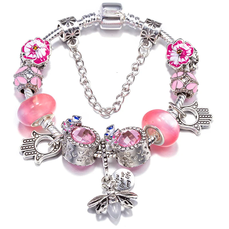 luckacco baopon spring styles butterfly pansy beads charm bracelets diy fine bracelets for women men fiancee bijoux pulseras jewelry gift