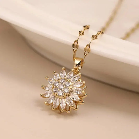 Luckacco Classic Sunflower Cubic Zirconia Pendant Necklaces For Women Gold Color Alloy Rotate Necklace Daily Jewelry Gold Color