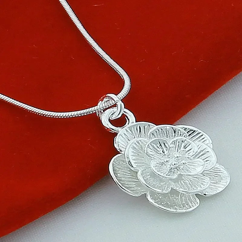 luckacco silver color rose flower pendant necklace 18/20-24/26/30 inch snake chain for women wedding engagement jewelry