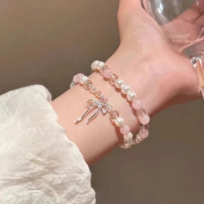 luckacco cute pink beaded imitation pearl bracelet for women girl elegant y2k sweet korean charm bowknot bow jewelry party gifts
