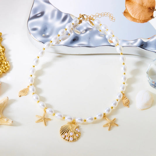 Luckacco Trendy Boho Imitation Pearl Metal Necklace Pendant for Women Ocean Shell Starfish Conch Choker Necklace Beach Jewelry Gift