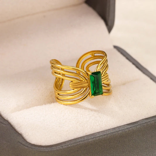 Luckacco Luxury Gemstone Flower Stainless Steel Rings Zircon Adjustable Ring Women Wedding Anti Fading Jewelry Vacation Accessories Gift