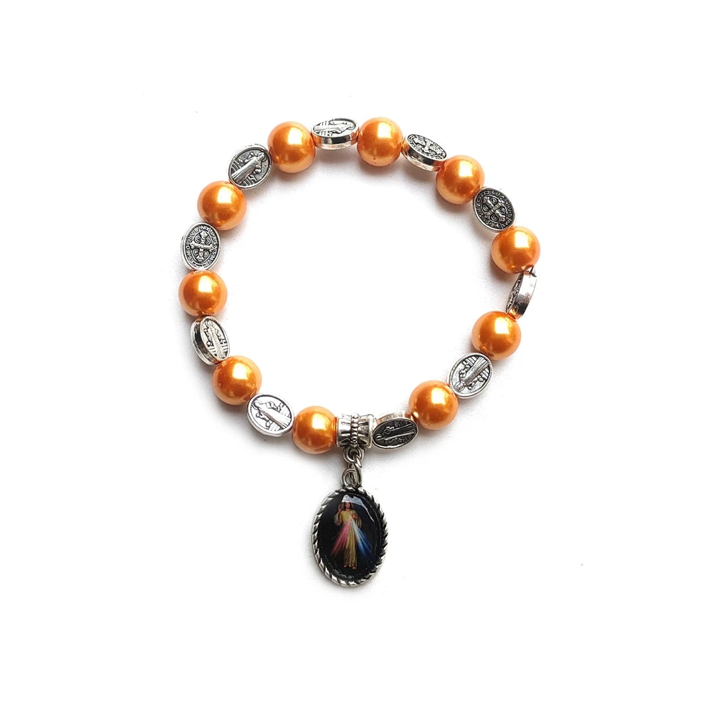 luckacco holy father mother pendant glass pearl beads strand elastic bracelet for men women religious jewelry