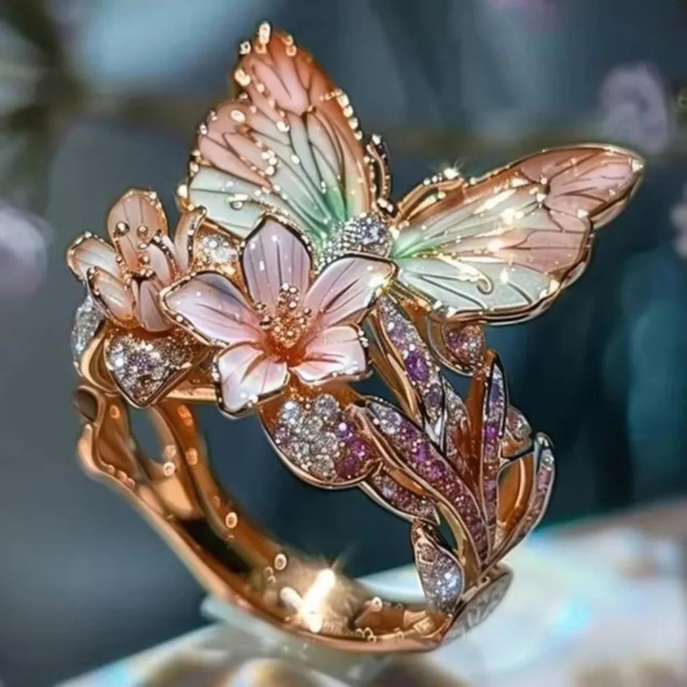 luckacco aesthetic flower butterfly rings for female romantic rhinestone stylish non-fading opening ring women wedding jewelry party gift