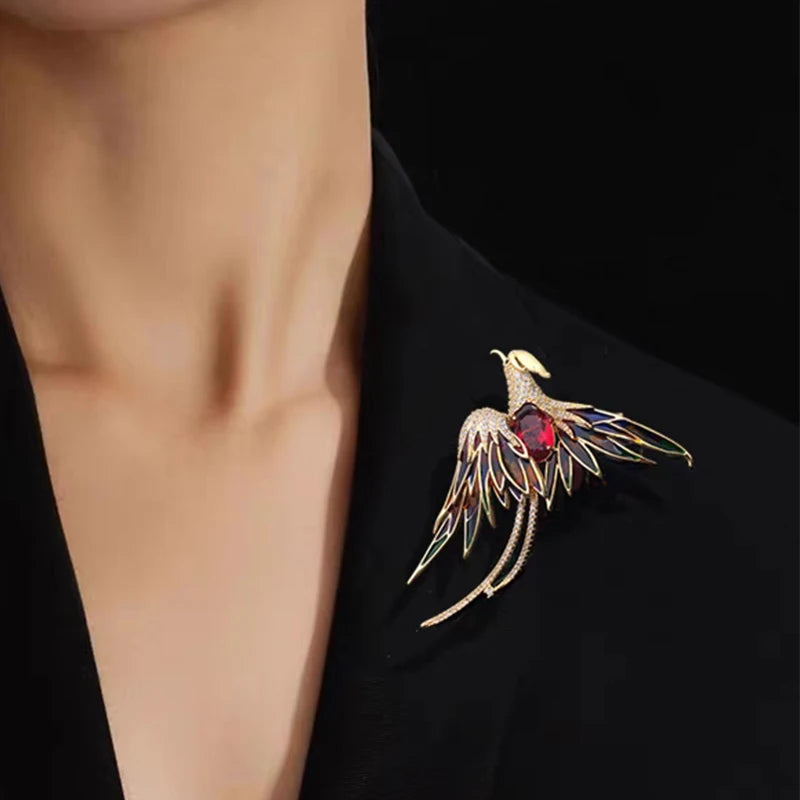 luckacco multicolor crystal phoenix brooch pin for women men enamel flying beauty bird party office accessories gifts