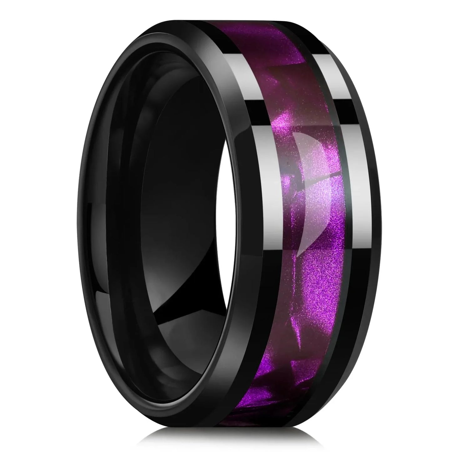 luckacco fashion 8mm silver color stainless steel rings for men double groove meteorite inlay dome men finger ring wedding band jewelry
