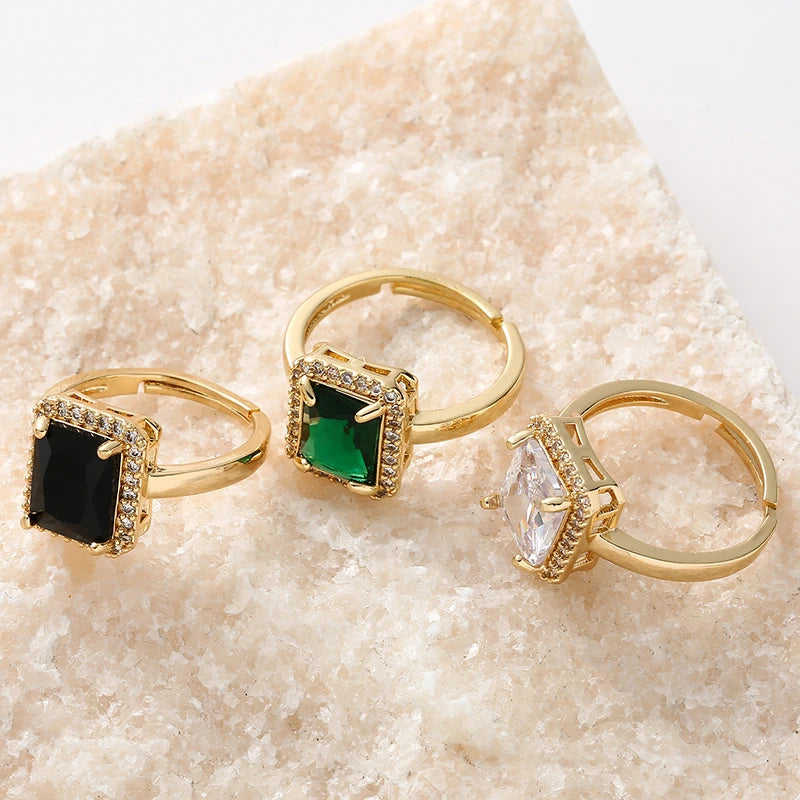 luckacco new arrivals women's rings zircon square green black open rings girls party finger ring fashion copper jewelry gifts