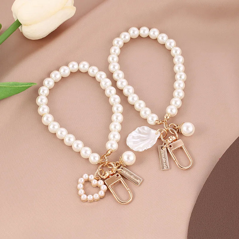luckacco picks cute pearl keychain for women girls shiny pearl bead shell phone bag backpack charm accessory car key key chain pendant