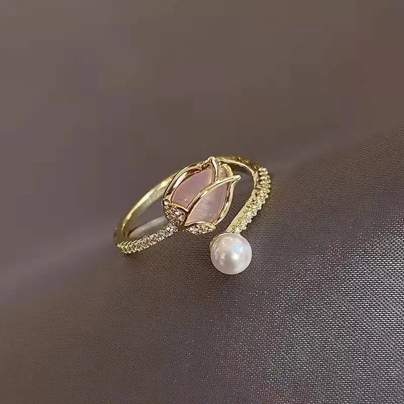 luckacco korean trend tulip flower imitation pearl rings for women elegant simple adjustable opening finger ring party wedding jewelry