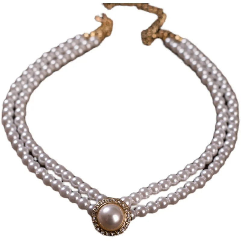 luckacco women elegant pearl double layers necklace earrings exquisite vintage classic chains for lady party wedding retro jewelry choker
