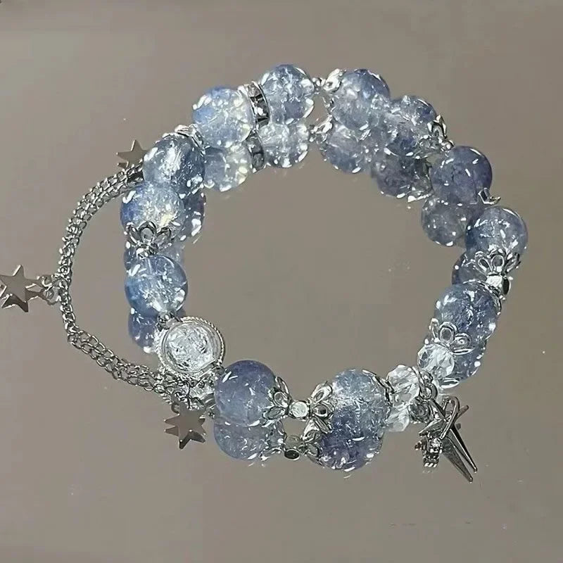 luckacco niche design star chain tassel bracelet for women fantasy blue crystal beads elastic rope bracelet best friend jewelry gifts