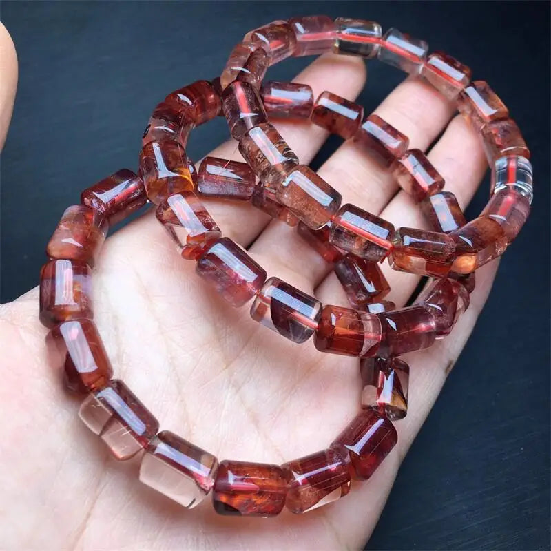 luckacco 9-12mm natural red fire quartz hematoid bucket bead bracelet women healing gemstone crystal strand lovers girlfriend 1pcs