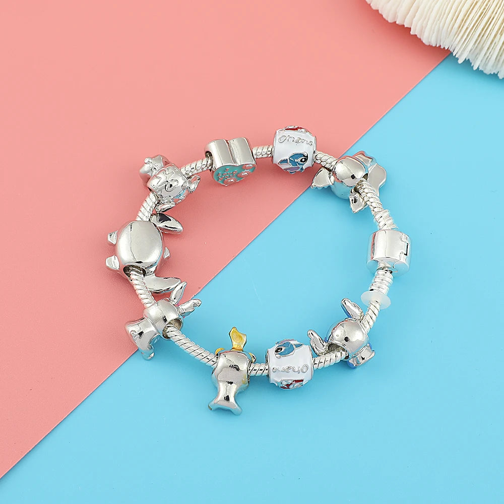 luckacco disney beaded bracelet lilo and stitch cartoon cute metal charms bangle diy beads chain jewelry gifts accessories for women kids