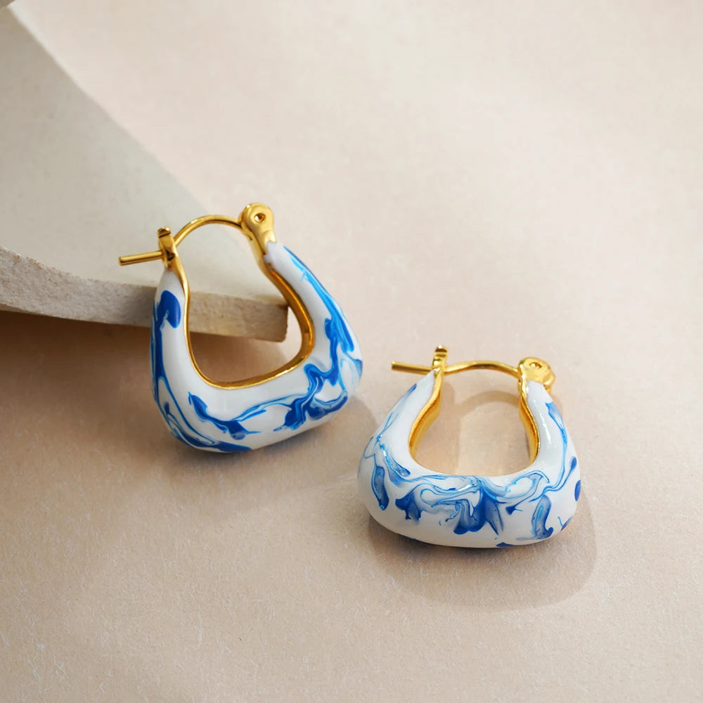 luckacco vintage white&blue flower enamel beads hoop earrings for women gold plated stainless steel huggies earring creative jewelry gift